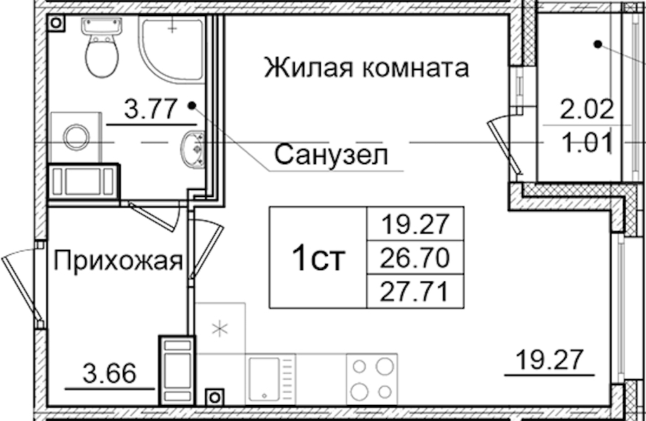 Квартира студия 27.71 м², 9/9 эт., ЖК «Квартал Заречье»